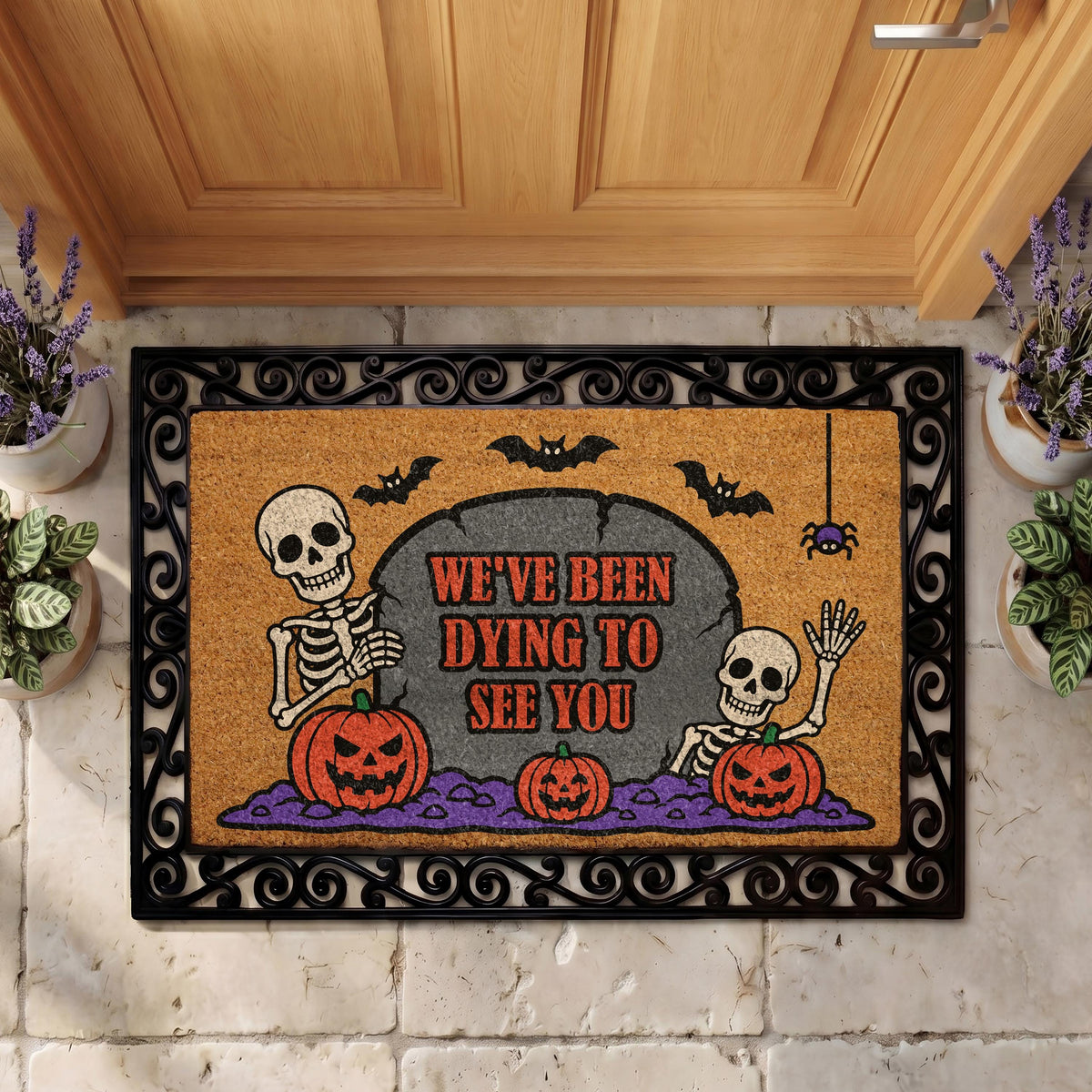 Funny Halloween Doormat, Skeleton Pumpkin Welcome Mat, Spooky Season Porch Decor