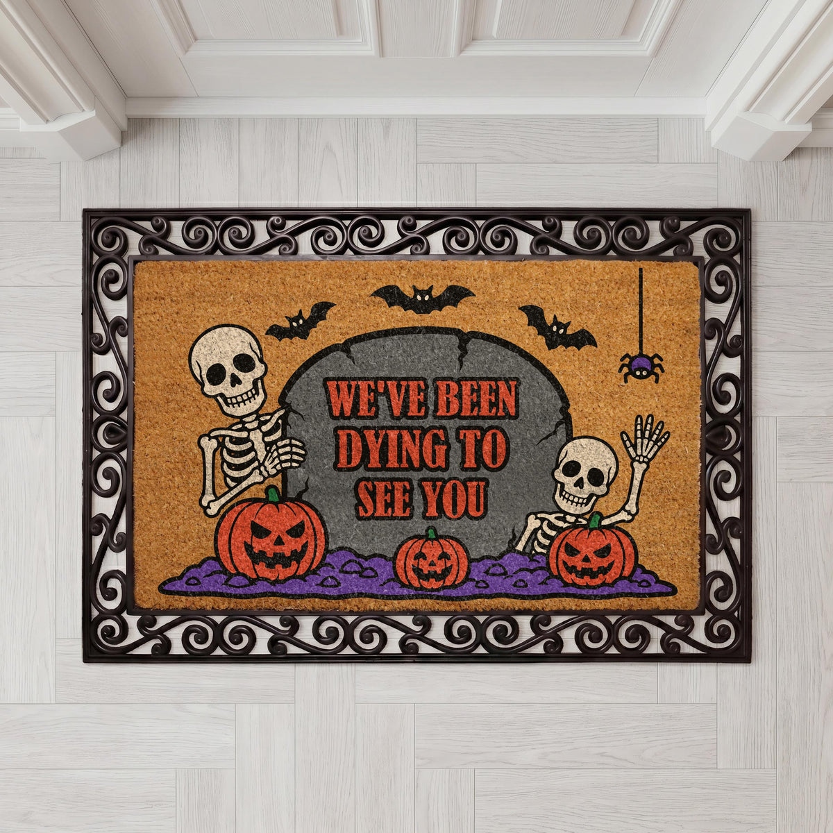 Funny Halloween Doormat, Skeleton Pumpkin Welcome Mat, Spooky Season Porch Decor