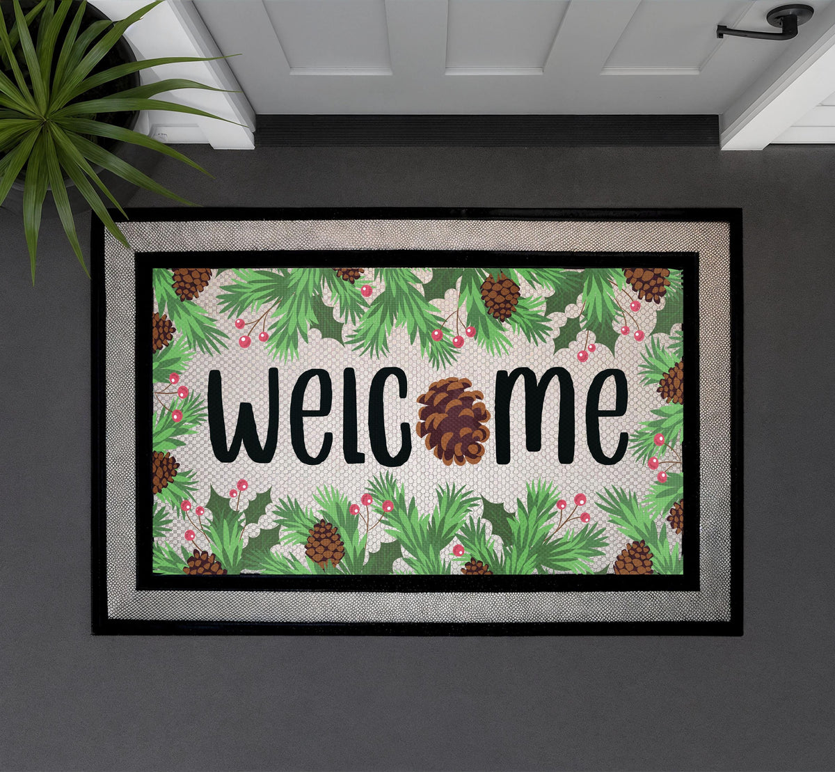 Winter Pine Cone Welcome Doormat, Christmas Holiday Entryway Mat, Festive Greenery Front Door Rug