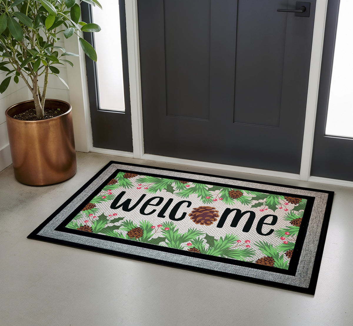 Winter Pine Cone Welcome Doormat, Christmas Holiday Entryway Mat, Festive Greenery Front Door Rug