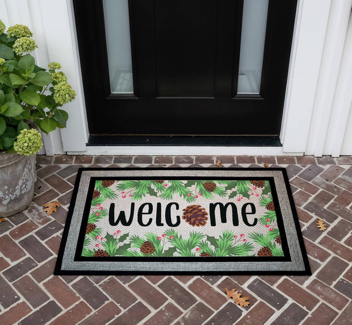 Winter Pine Cone Welcome Doormat, Christmas Holiday Entryway Mat, Festive Greenery Front Door Rug