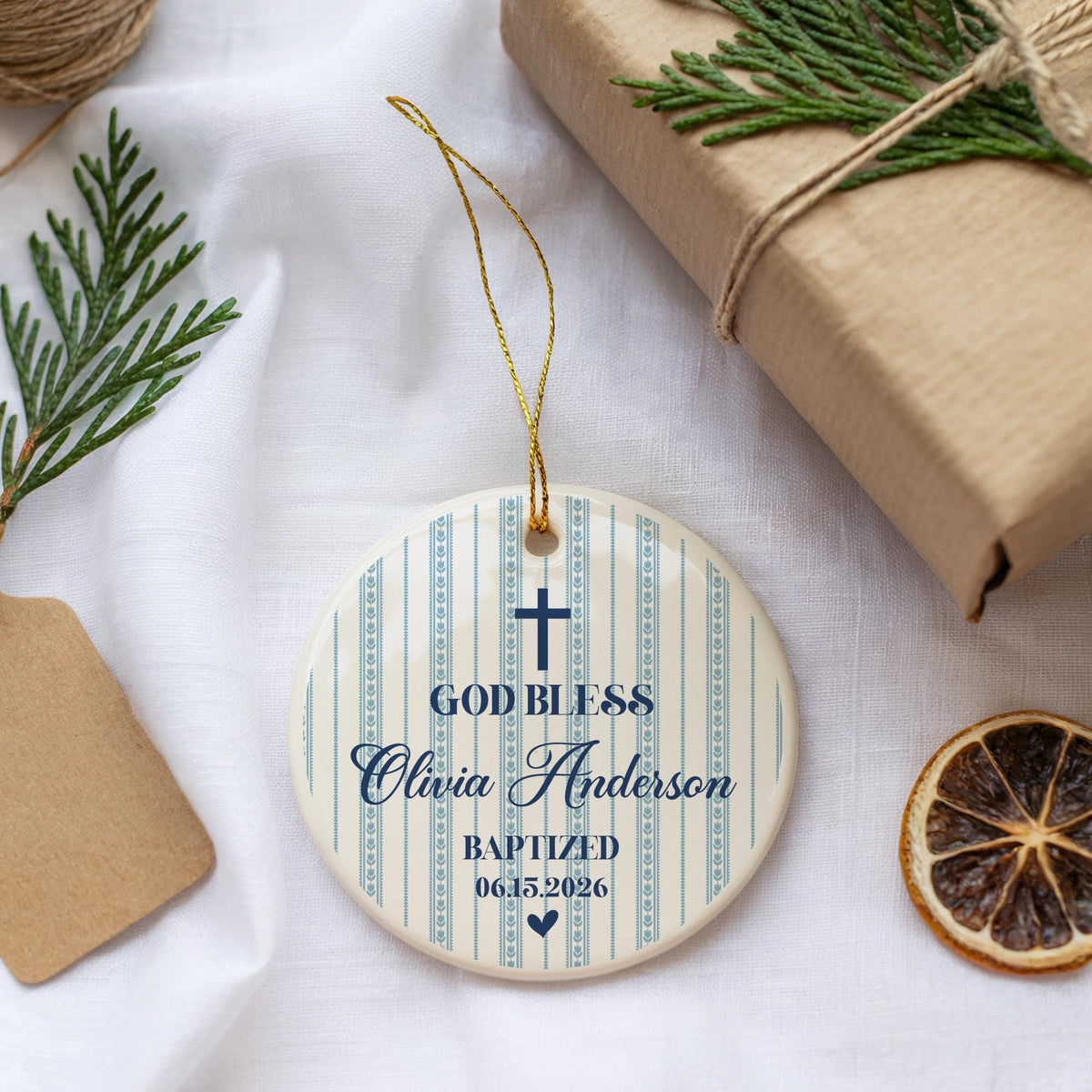 Personalized Baptism Ornament, Custom God Bless Keepsake, Christening Gift (Ceramic)