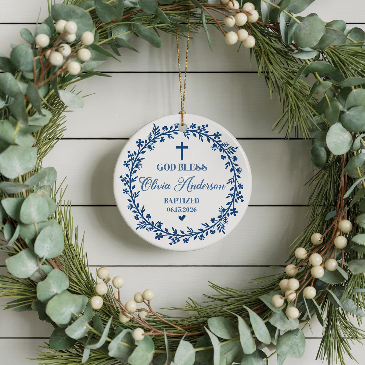 Personalized Baptism Ornament, Custom God Bless Keepsake, Christening Gift (Ceramic)