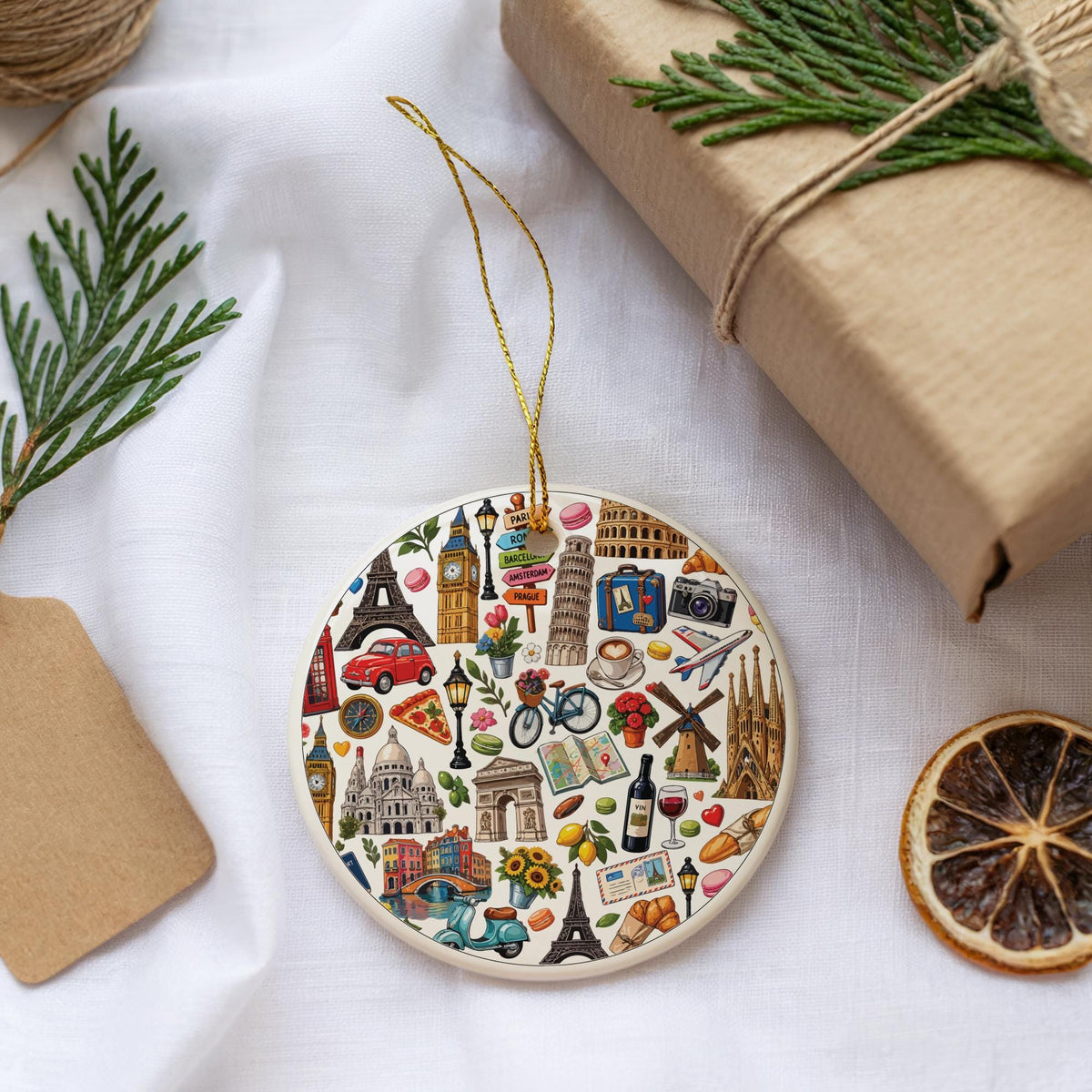 Custom Travel Ornament 2026, Personalized European Honeymoon Keepsake, World Tourist Ornament