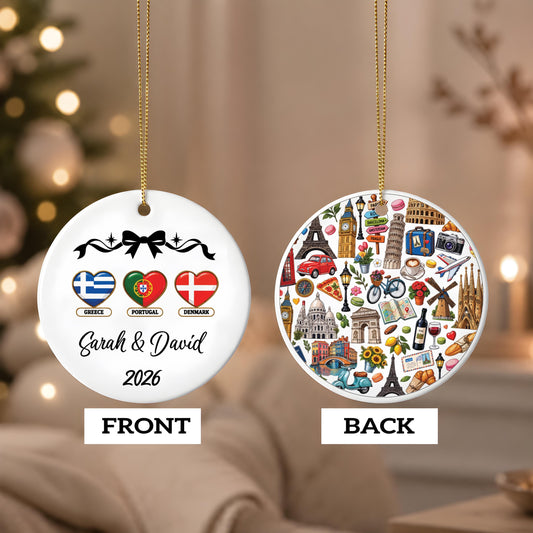 Custom Travel Ornament 2026, Personalized European Honeymoon Keepsake, World Tourist Ornament