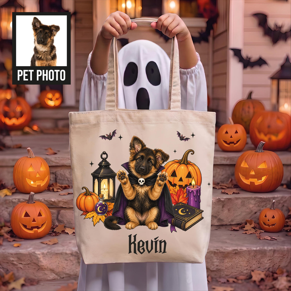 Custom Pet Halloween Tote Bag, Personalized Dog Trick or Treat Bag, Custom Dog Portrait Bag, Spooky Pet Lover Gift