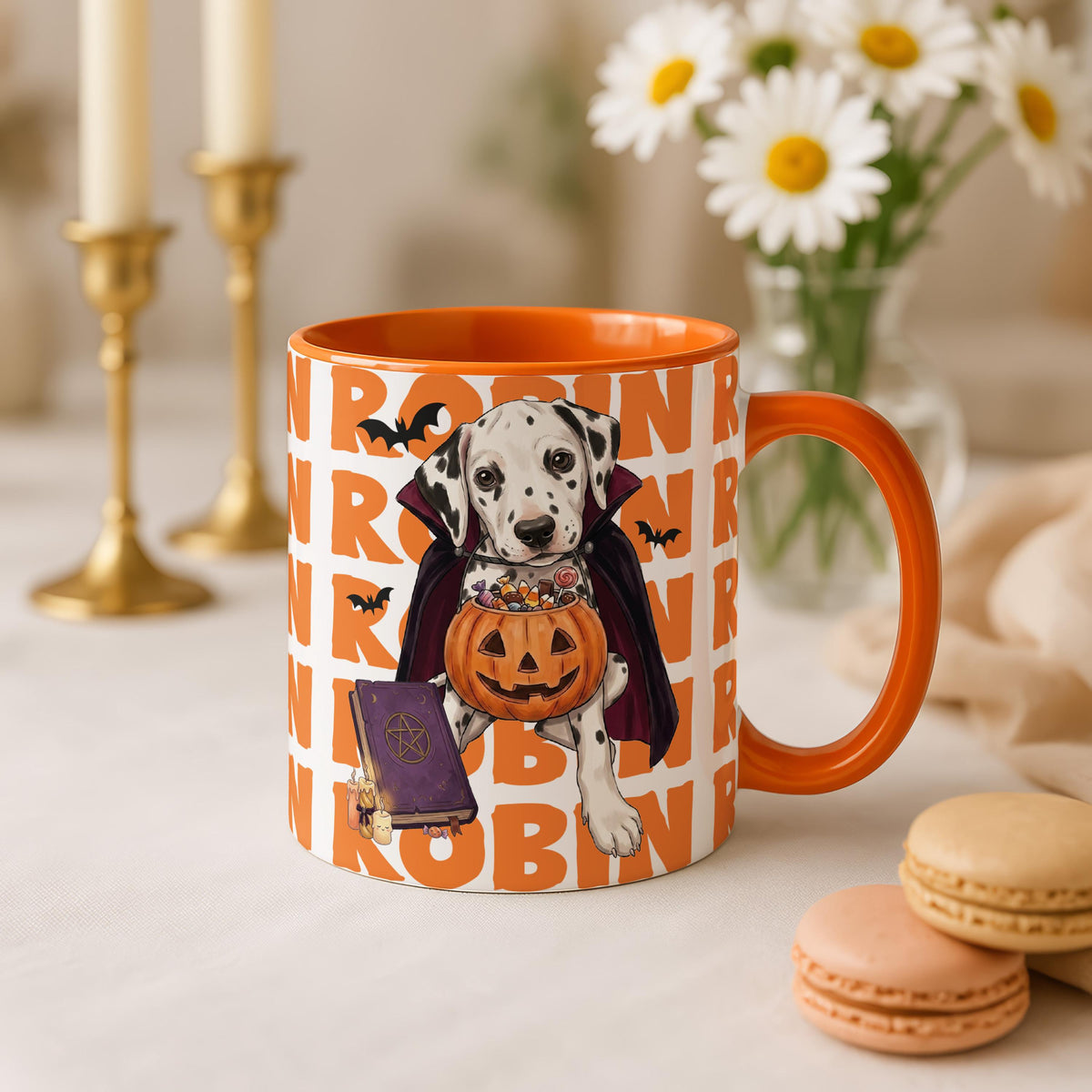 Personalized Halloween Dog Mug, Custom Name Dalmatian Coffee Cup, Cute Trick or Treat Ceramic Mug, Spooky Season Pet Lover Gift