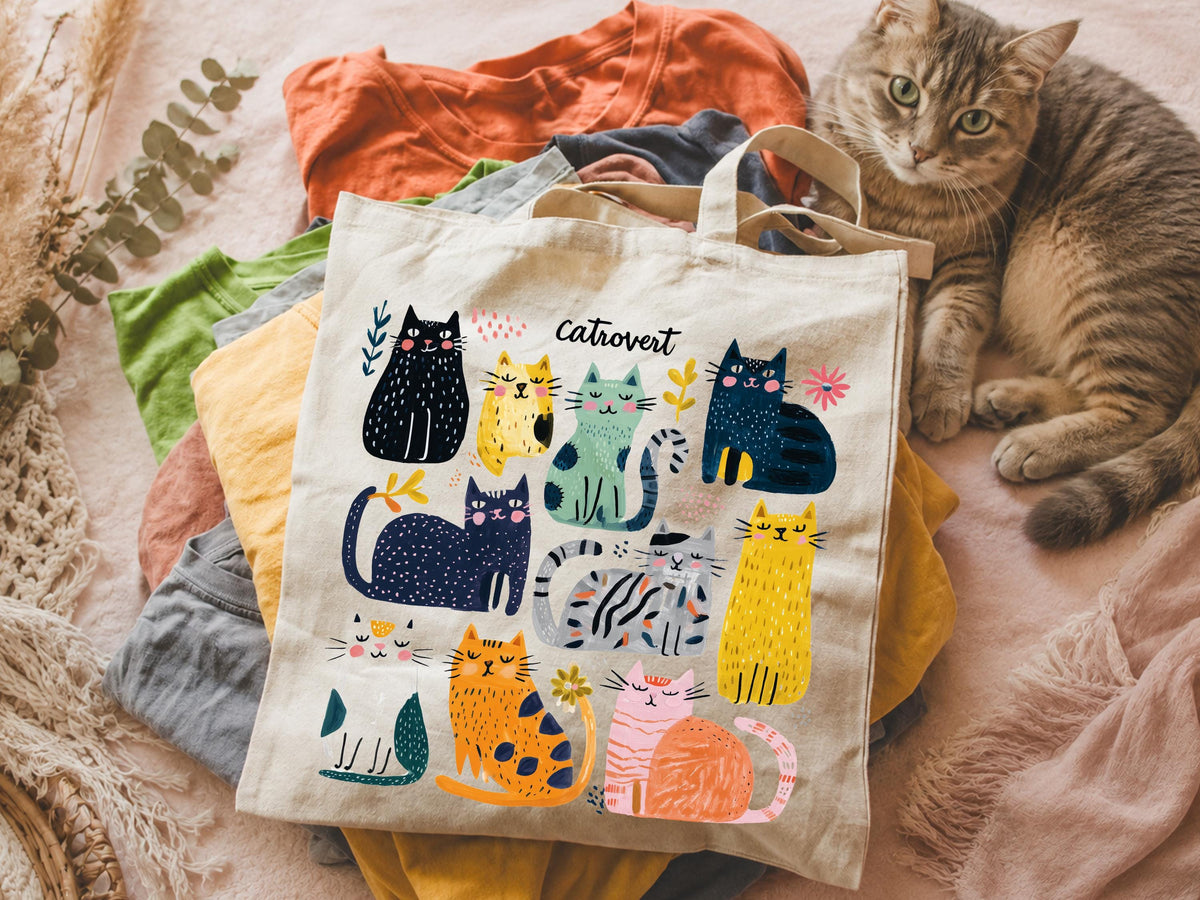 Cats Tote Bag, Cat Mom Gift Tote, Cat Lover Tote Bag, Colorful Cats Graphic Bag