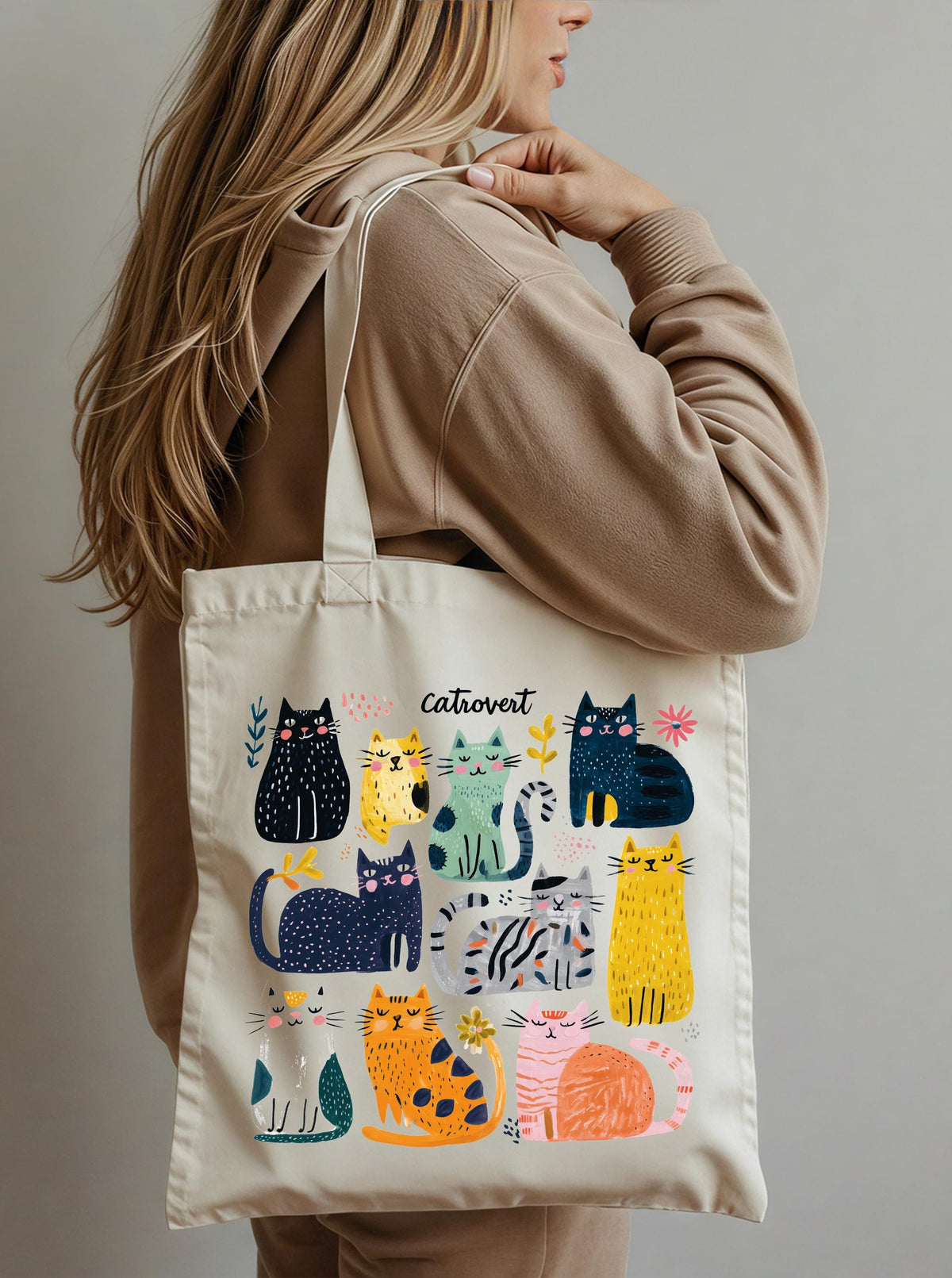 Cats Tote Bag, Cat Mom Gift Tote, Cat Lover Tote Bag, Colorful Cats Graphic Bag