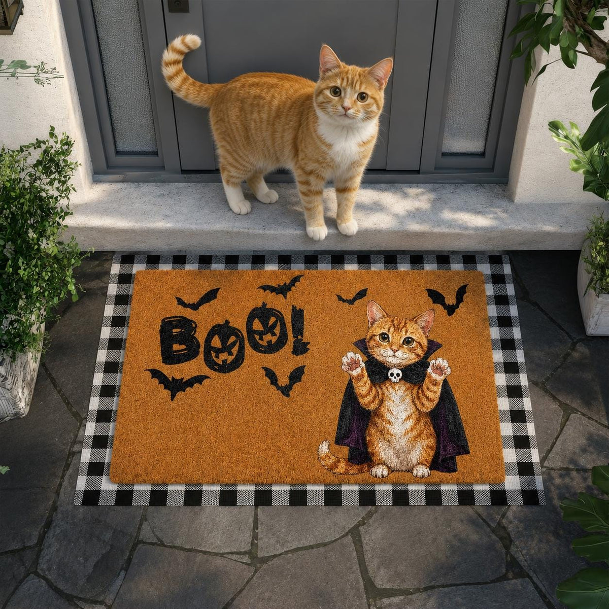 Custom Cat Halloween Coir Doormat, Personalized Orange Cat Welcome Mat, Boo Front Porch Rug, Spooky Season Feline Lover Gift