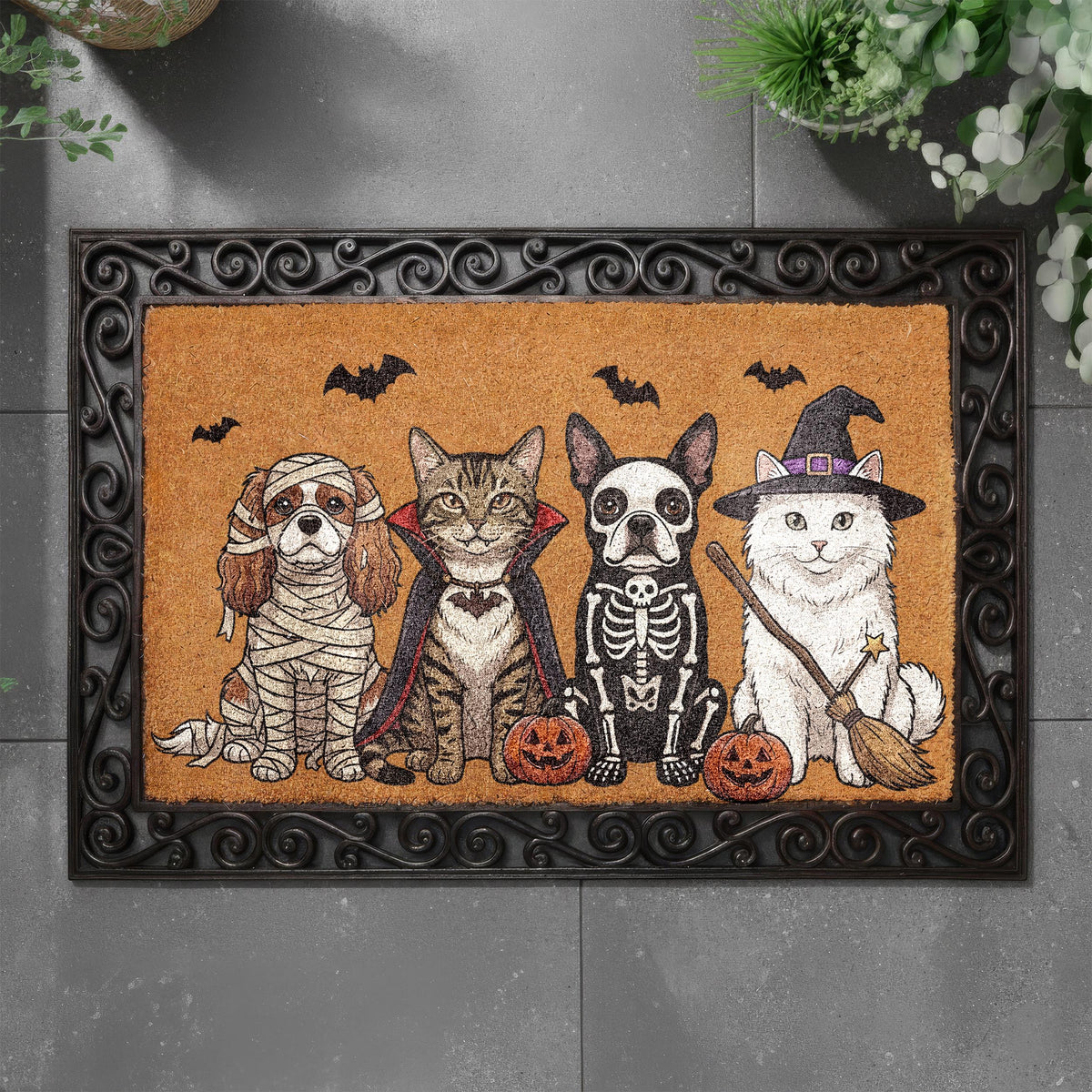 Custom Pet Halloween Coir Doormat, Personalized Dogs and Cats Welcome Mat, Spooky Pet Porch Rug, Fall Front Door Decor Animal Lover Gift