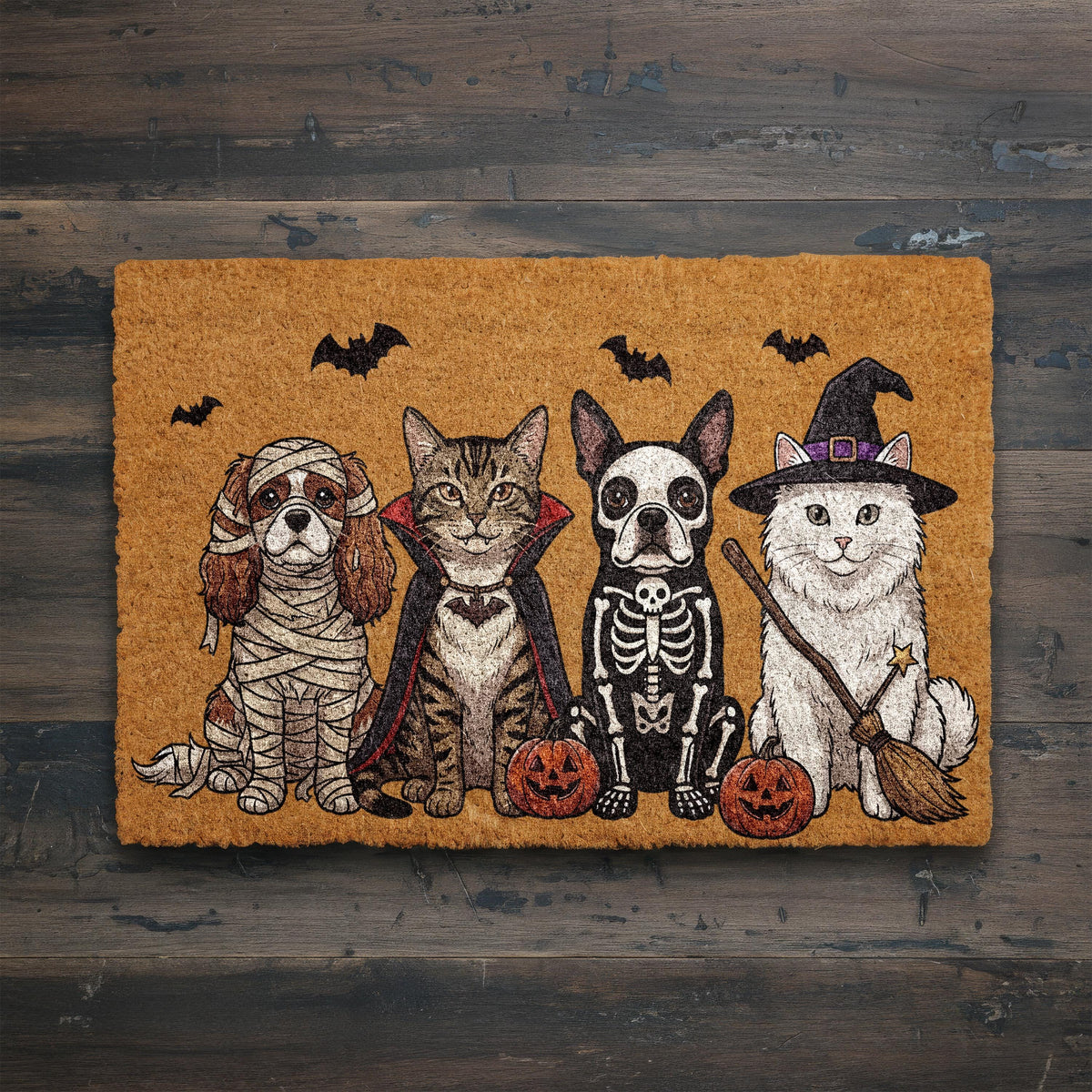 Custom Pet Halloween Coir Doormat, Personalized Dogs and Cats Welcome Mat, Spooky Pet Porch Rug, Fall Front Door Decor Animal Lover Gift