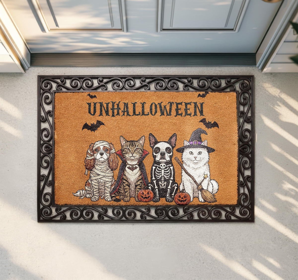 Custom Pet Halloween Coir Doormat, Personalized Dogs and Cats Welcome Mat, Spooky Pet Porch Rug, Fall Front Door Decor Animal Lover Gift