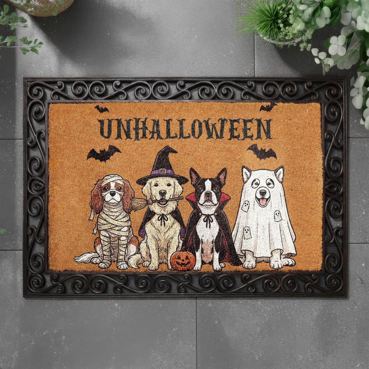 Unhalloween Dog Coir Doormat, Funny Dogs Welcome Mat, Spooky Pet Porch Rug, Fall Front Door Decor, Ghost Dog Pet Lover Gift