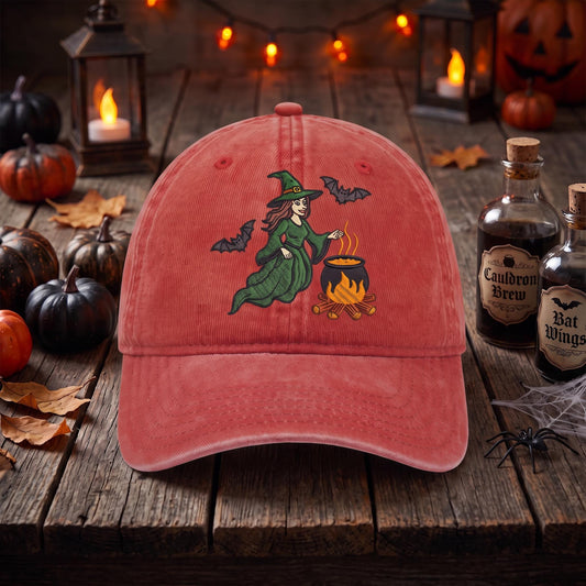 Embroidered Witch & Cauldron Baseball Cap, Spooky Halloween Hat