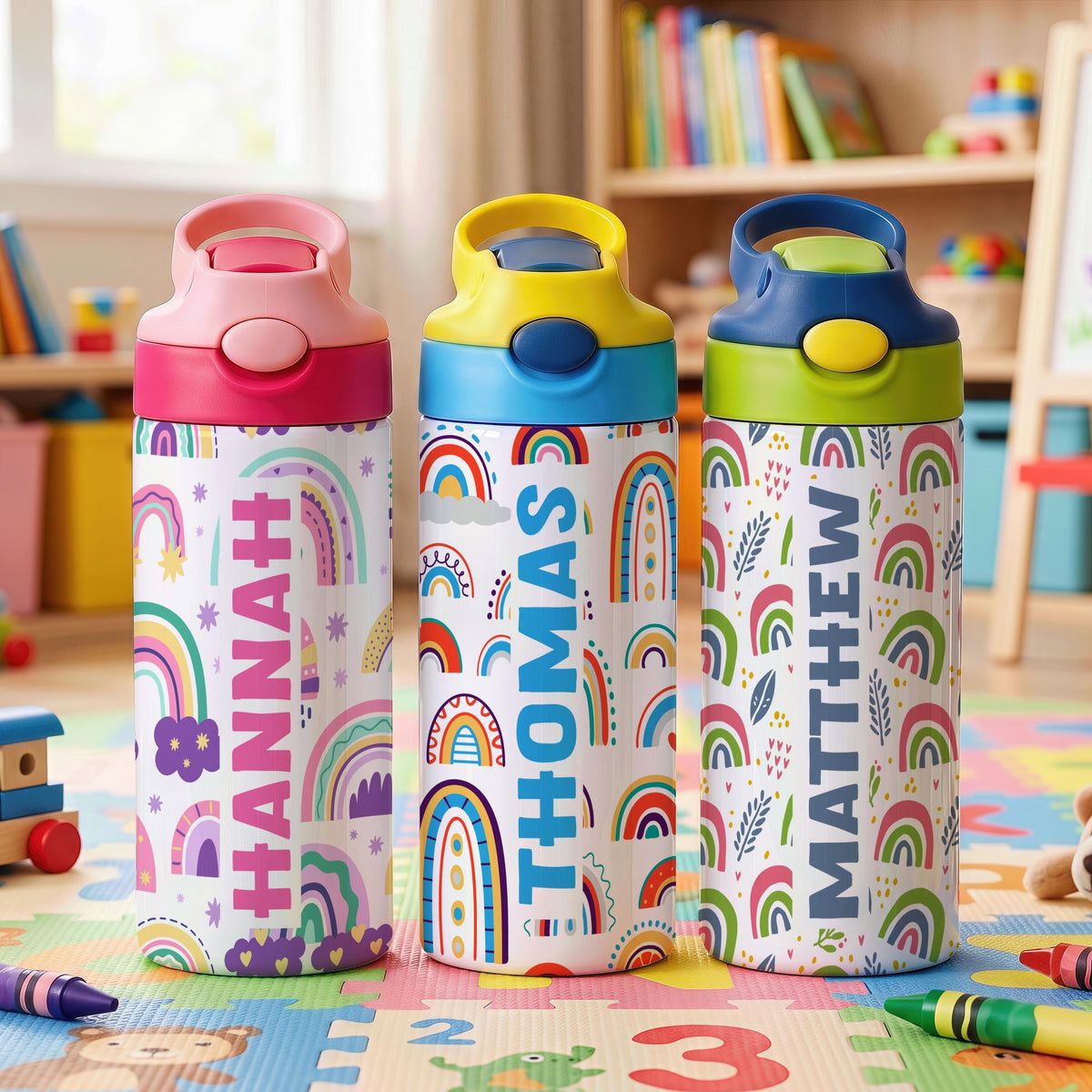Personalized Rainbow Kids Tumbler, Custom Name, Colorful Hydration Bottle