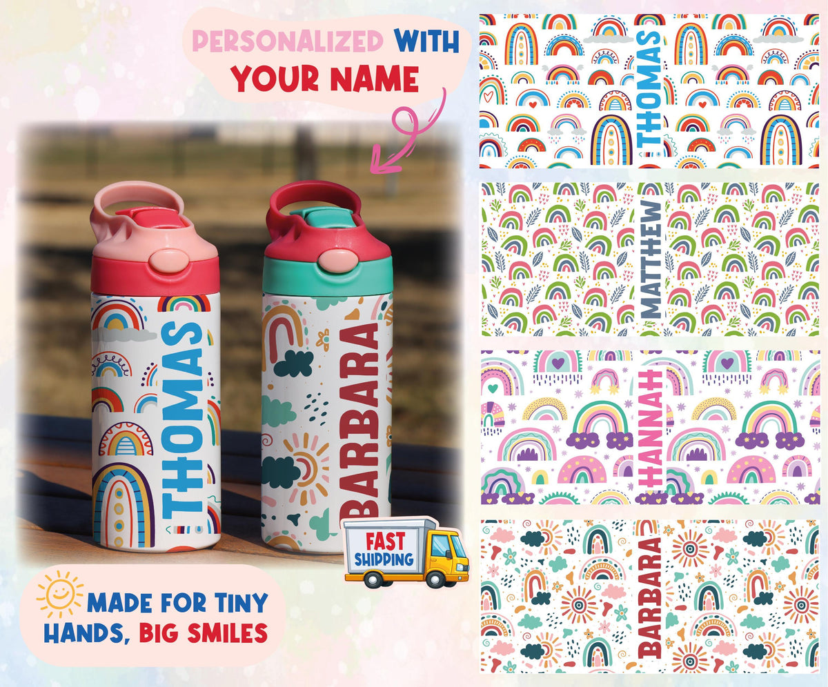 Personalized Rainbow Kids Tumbler, Custom Name, Colorful Hydration Bottle