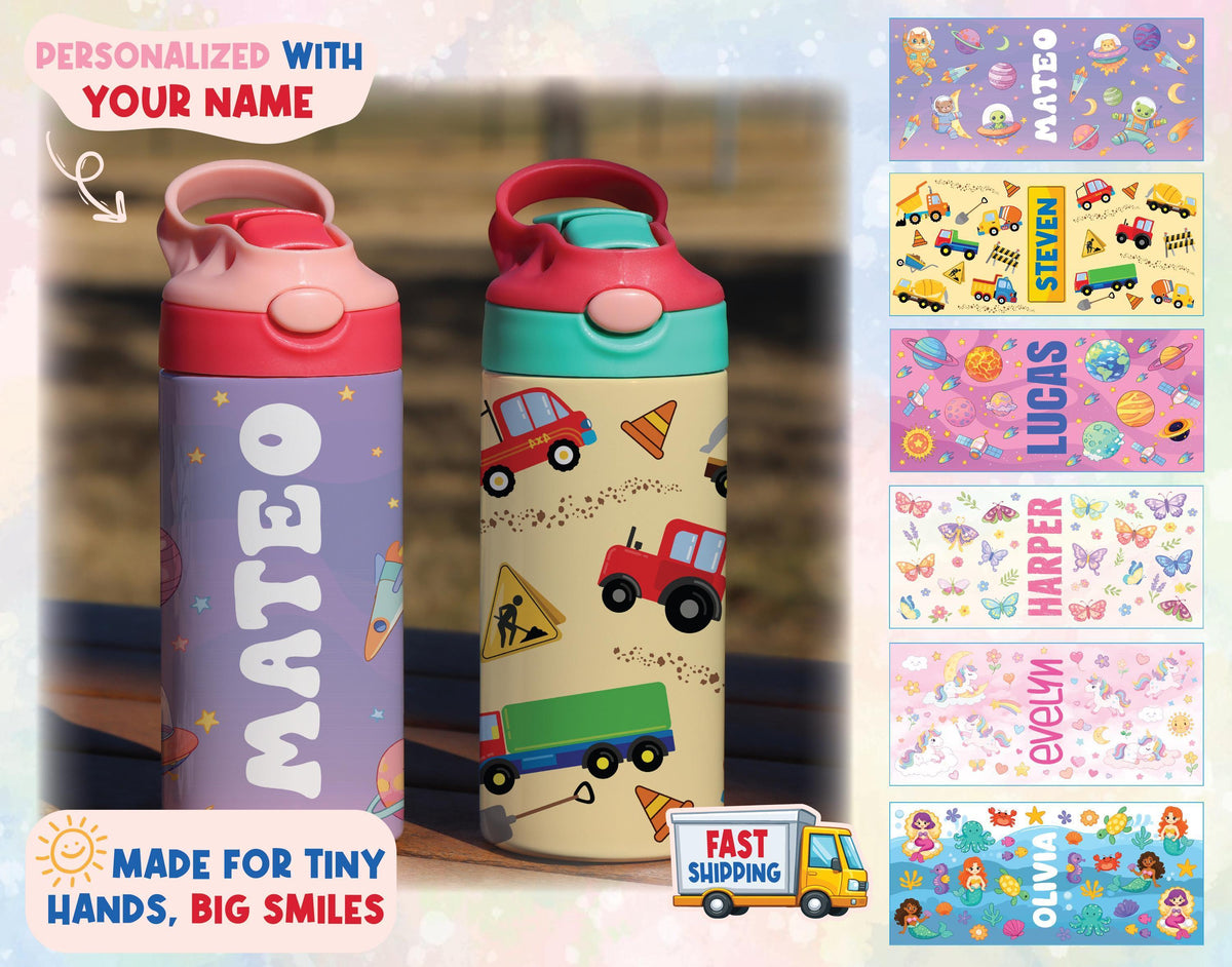 Space and Astronaut Water Bottle For Kids, Custom Car Tumbler, Preschool Drinkware