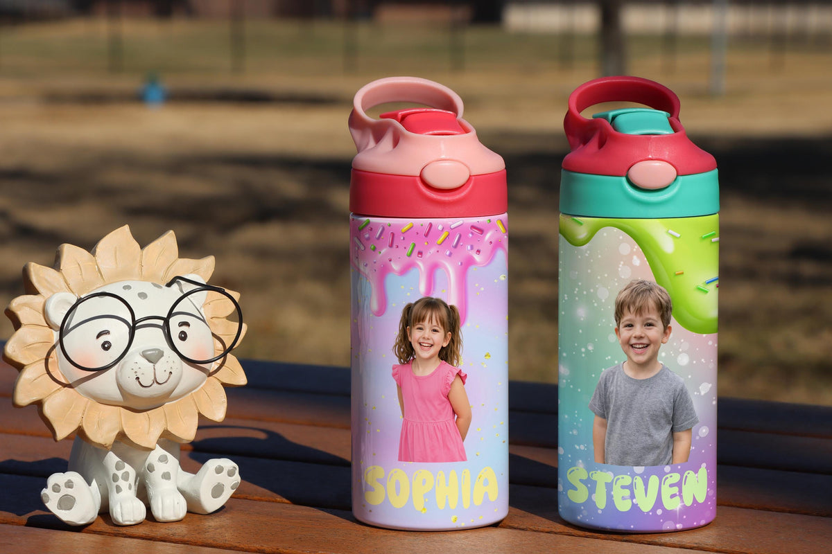 Personalized Kids Photo Water Bottle, Custom Name Tumbler, Ice Cream Drip Design