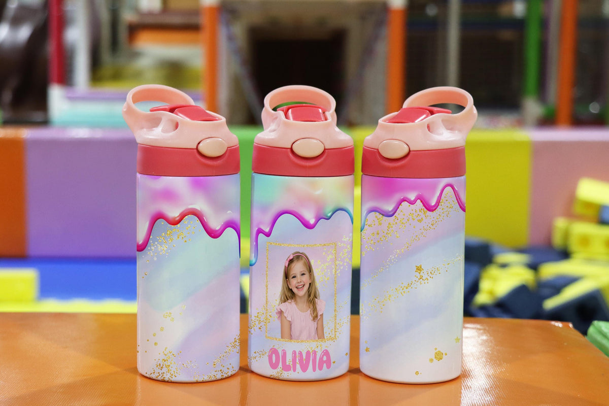 Personalized Kids Photo Water Bottle, Custom Name Tumbler, Ice Cream Drip Design