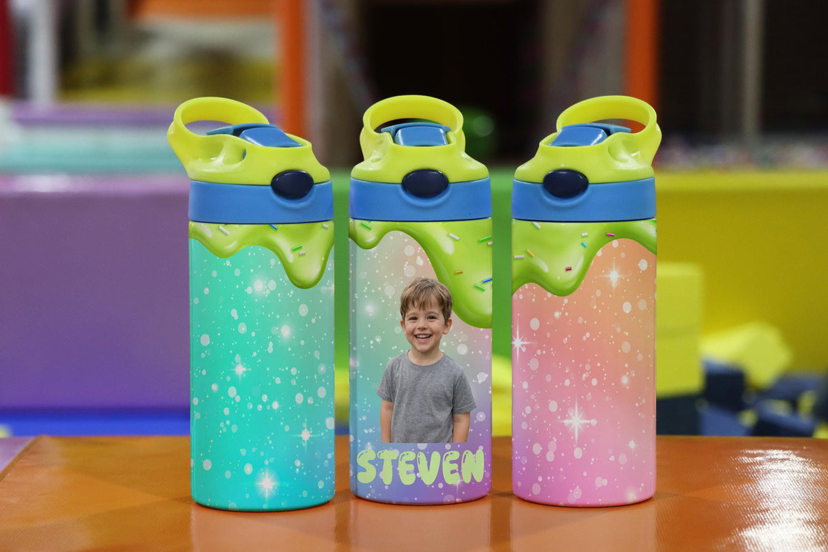 Personalized Kids Photo Water Bottle, Custom Name Tumbler, Ice Cream Drip Design