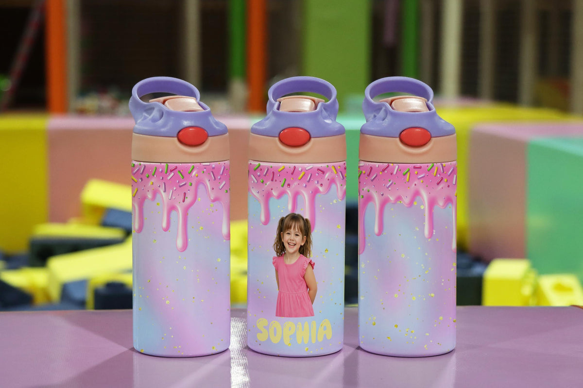 Personalized Kids Photo Water Bottle, Custom Name Tumbler, Ice Cream Drip Design