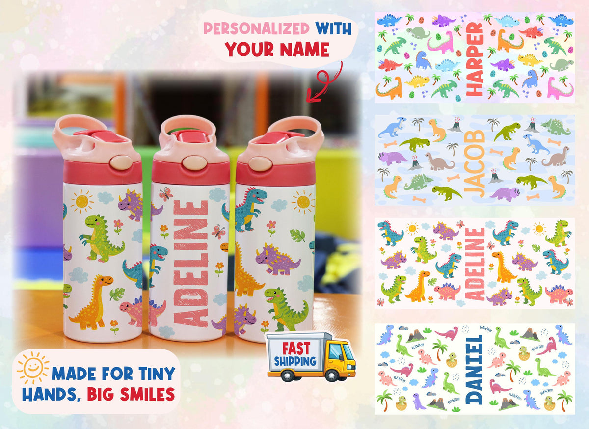 Personalized Dinosaur Kids Tumbler, Stainless Steel Water Bottle, Dino Lover Gift