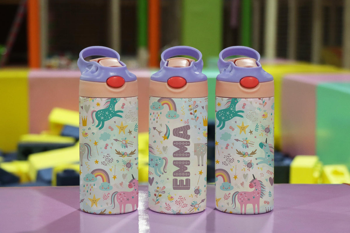 Personalized Kids Water Bottle, Dino Tumbler with Straw, Unicorn & Fairy Cup