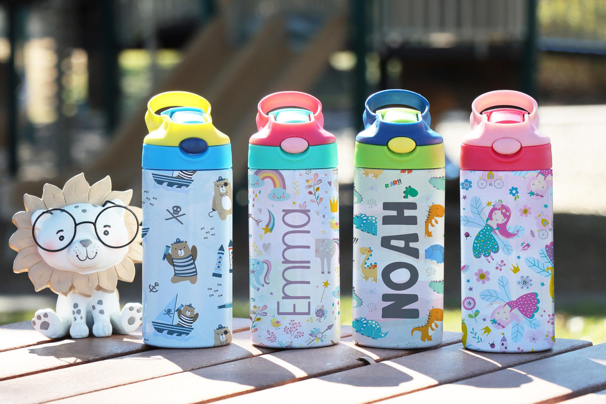 Personalized Kids Water Bottle, Dino Tumbler with Straw, Unicorn & Fairy Cup