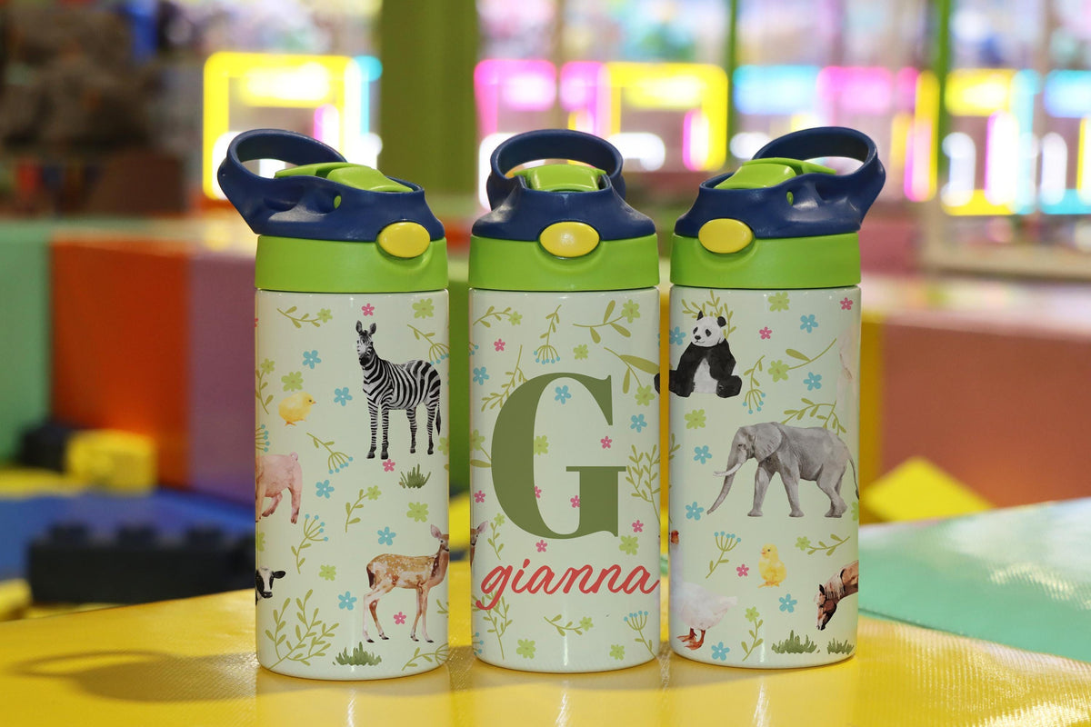 Personalized Safari Animal Tumbler, 12 oz Insulated Kids Water Bottle