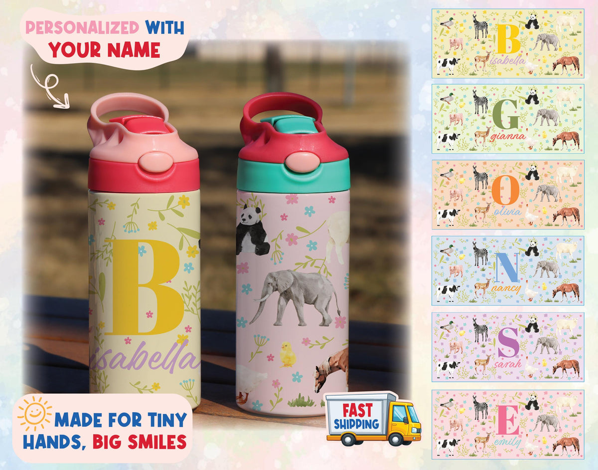 Personalized Safari Animal Tumbler, 12 oz Insulated Kids Water Bottle