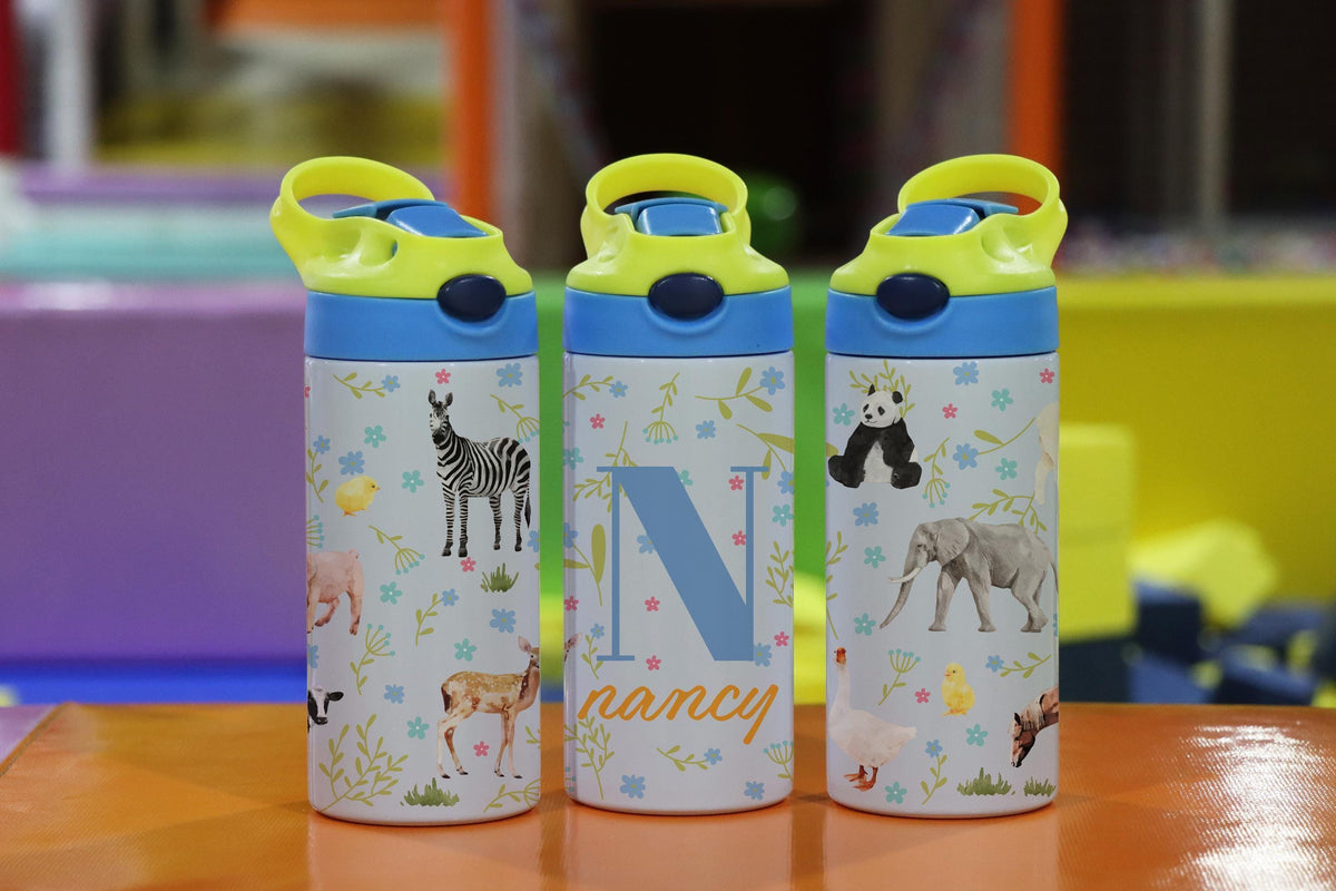 Personalized Safari Animal Tumbler, 12 oz Insulated Kids Water Bottle