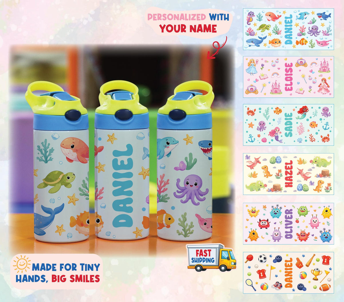 Personalized Kids Ocean Tumbler, Custom Name Sea Life Water Bottle
