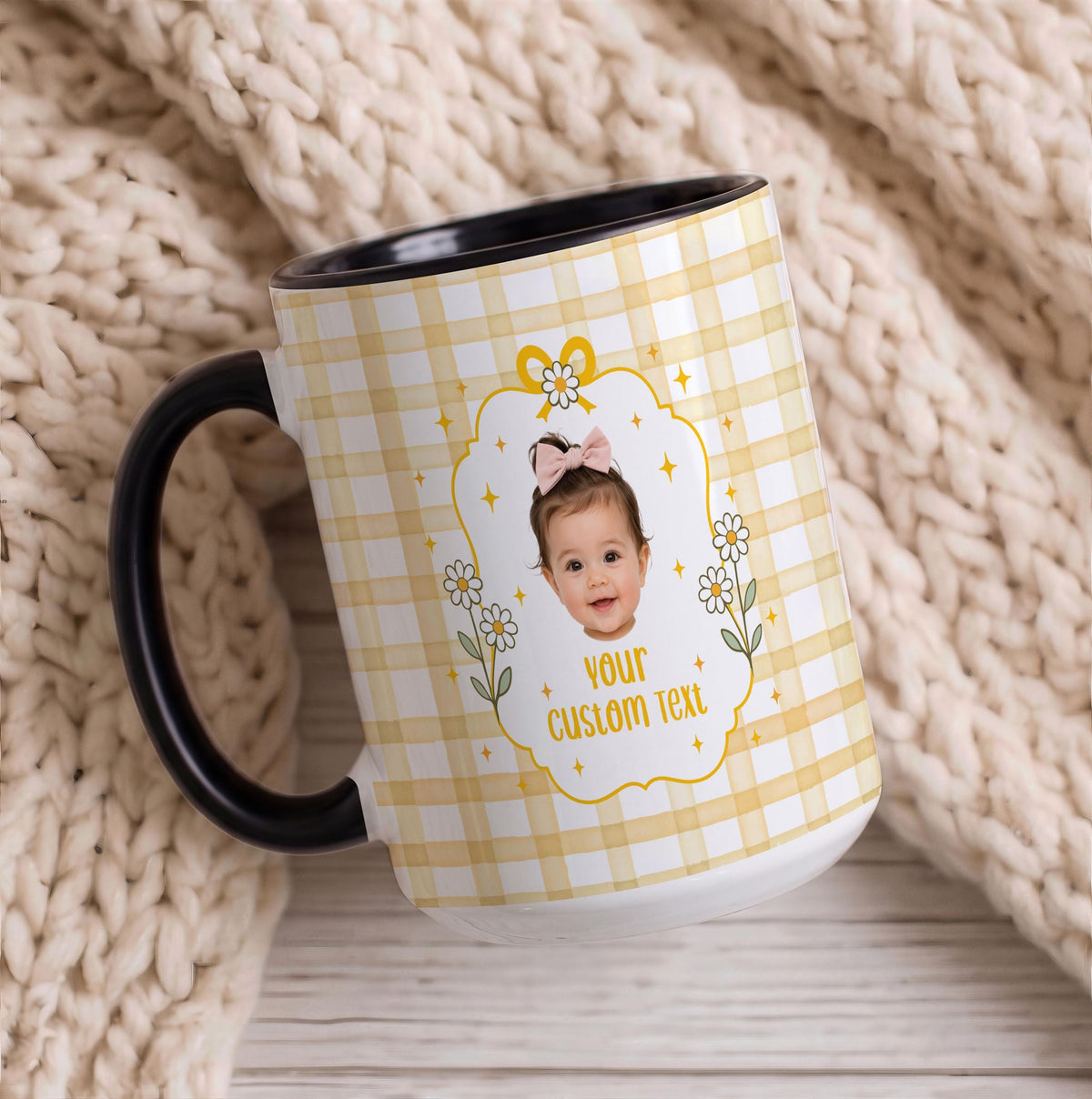 Custom Photo Gingham Coffee Mug, Personalized Baby Picture Gift for Mom Grandma