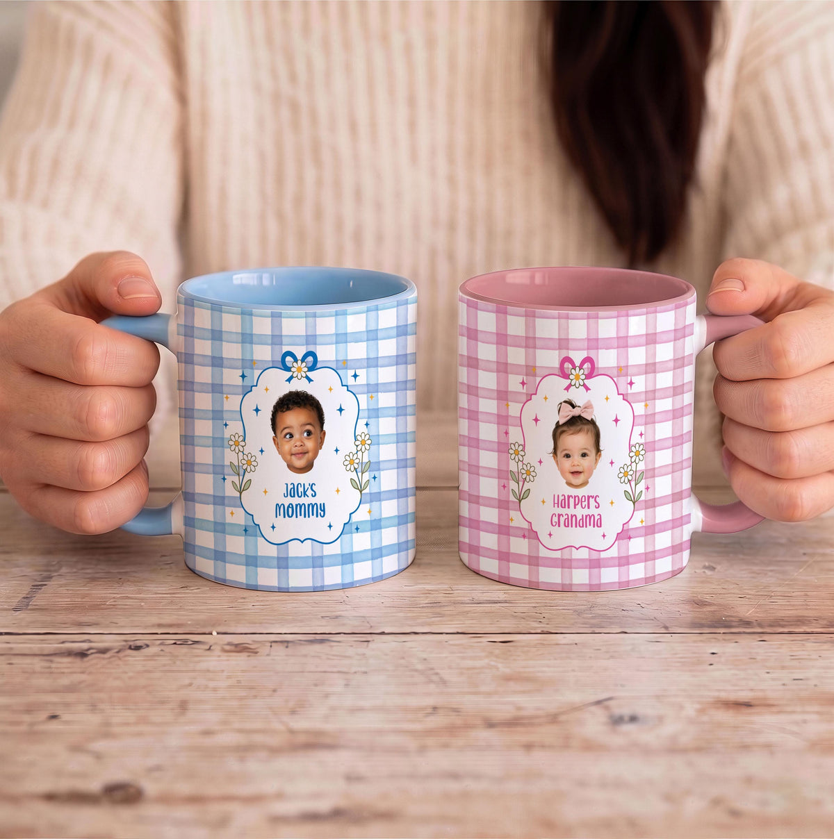 Custom Photo Gingham Coffee Mug, Personalized Baby Picture Gift for Mom Grandma