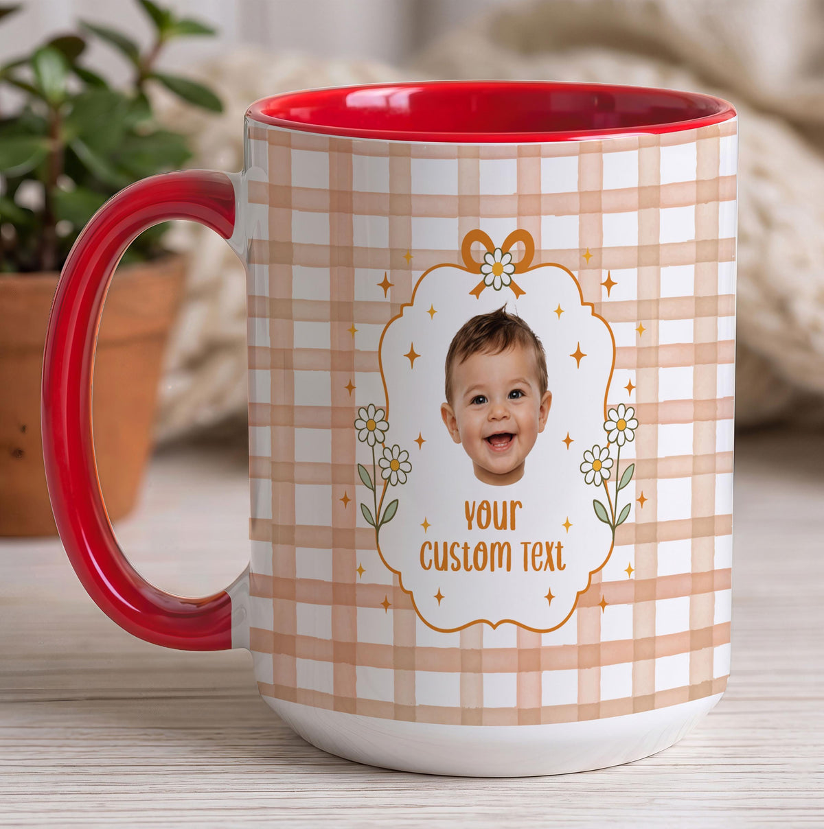 Custom Photo Gingham Coffee Mug, Personalized Baby Picture Gift for Mom Grandma