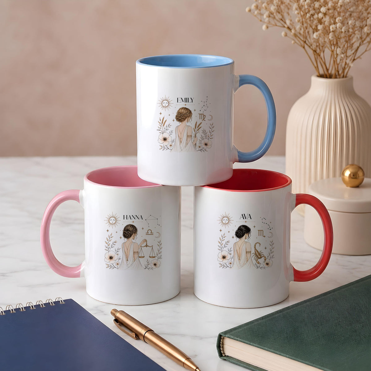 Personalized Zodiac Ceramic Mug, Custom Name Astrology Goddess Cup (11oz/15oz)