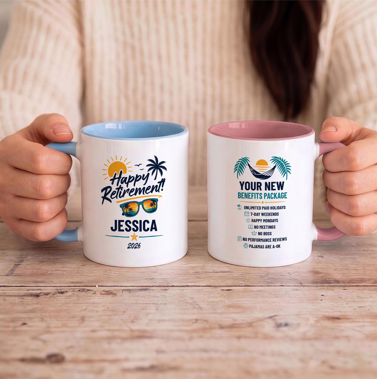 Custom Name Happy Retirement Tropical Coffee Mug, Funny Retirement Benefits Package Ceramic Cup