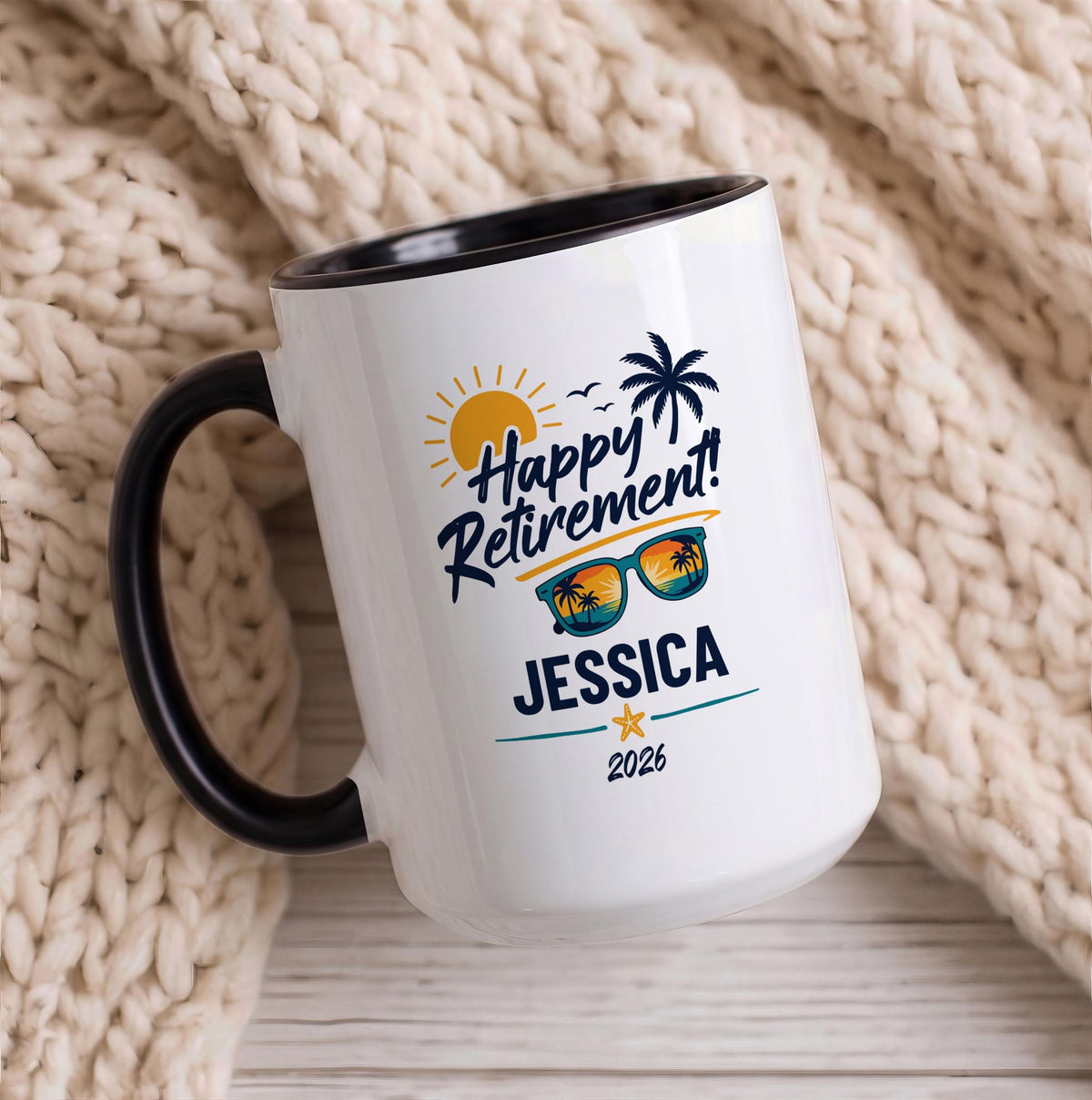 Custom Name Happy Retirement Tropical Coffee Mug, Funny Retirement Benefits Package Ceramic Cup