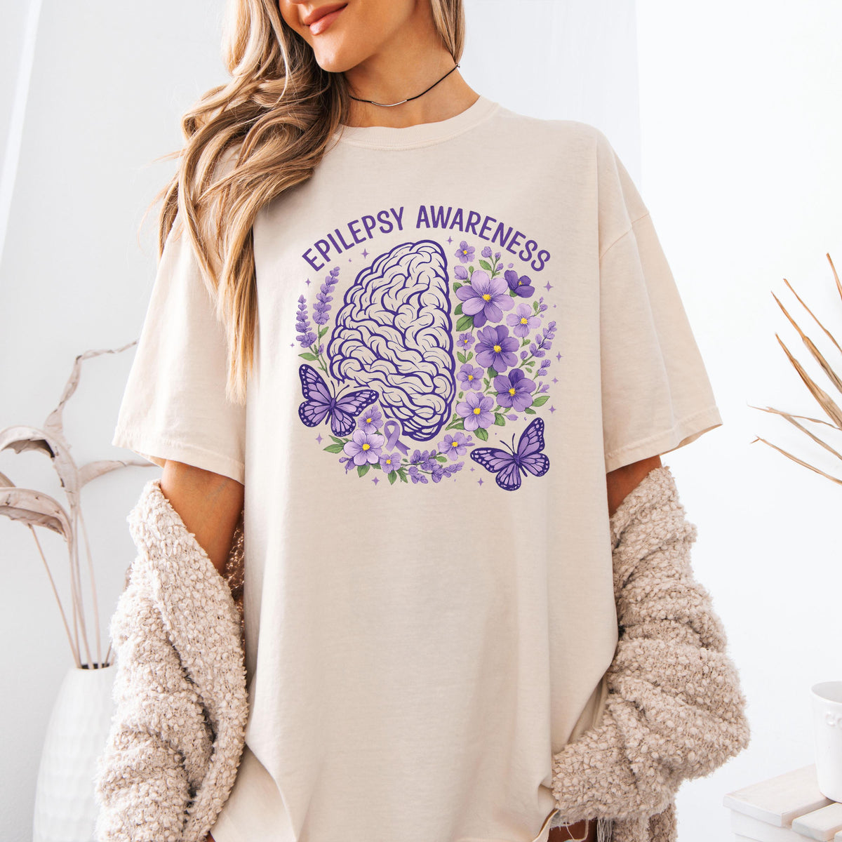 Comfort Colors® Epilepsy Awareness Shirt, Floral Epilepsy Fighter T-Shirt, Purple Ribbon Tee