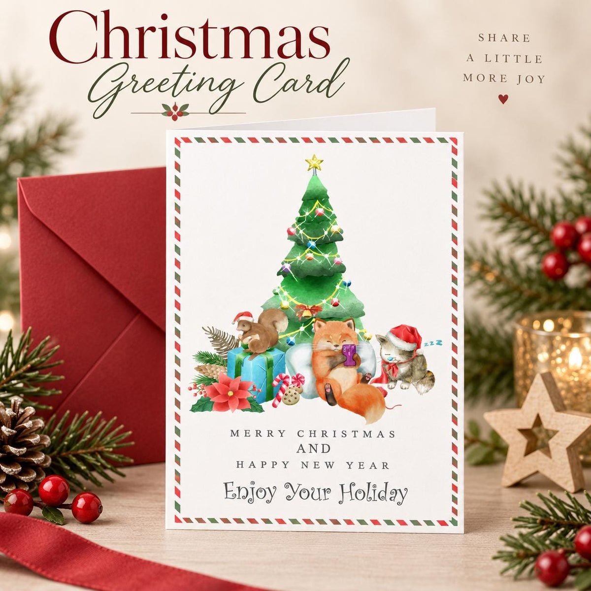 Watercolor Christmas Greeting Cards, Festive Holiday Designs (5"x7")