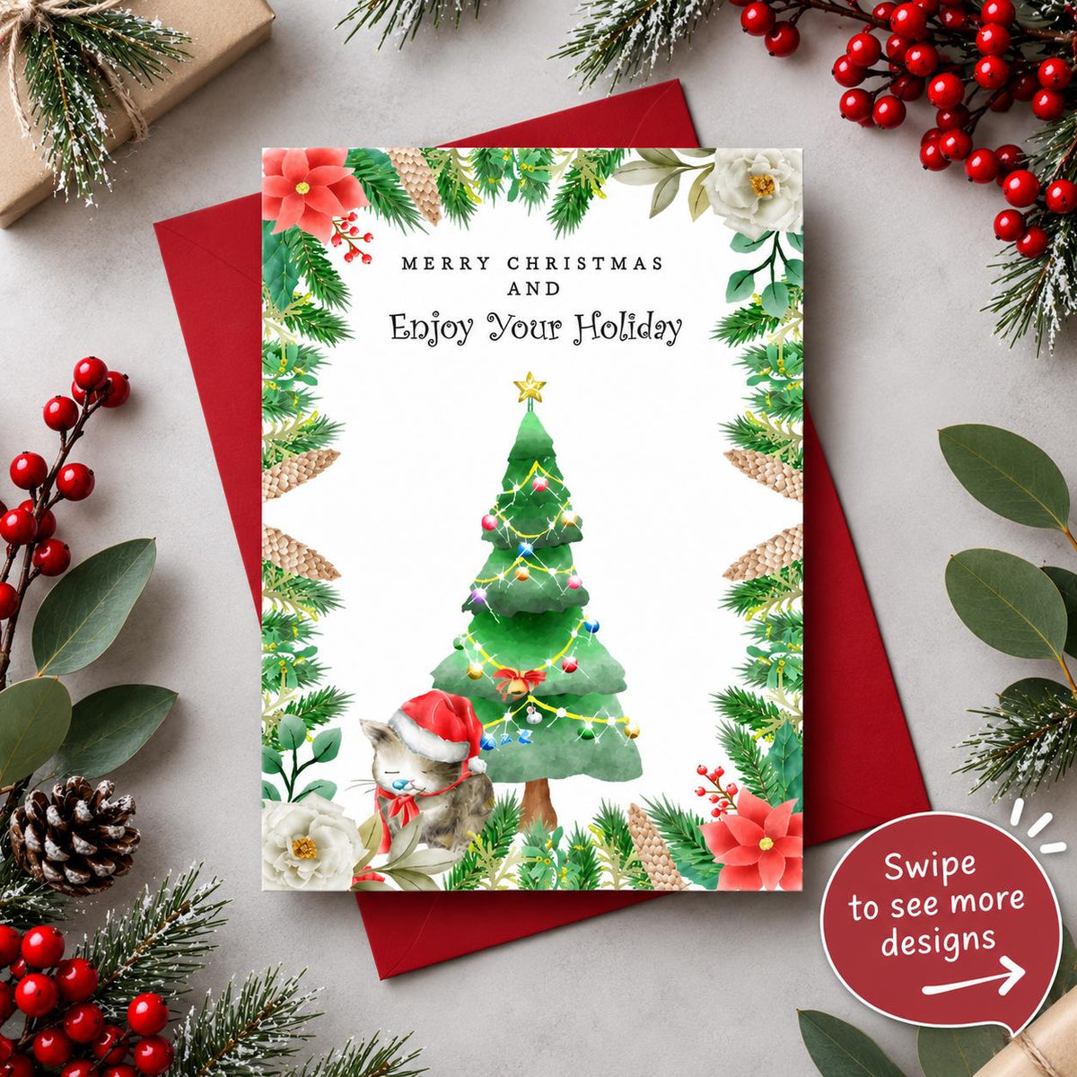 Watercolor Christmas Greeting Cards, Festive Holiday Designs (5"x7")