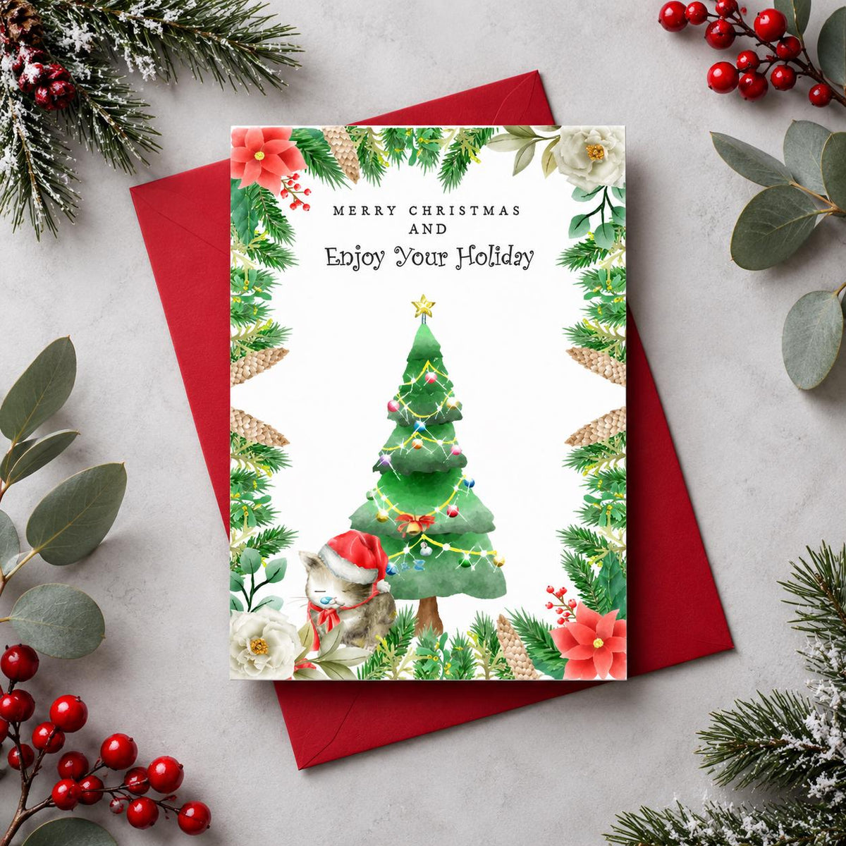 Watercolor Christmas Greeting Cards, Festive Holiday Designs (5"x7")