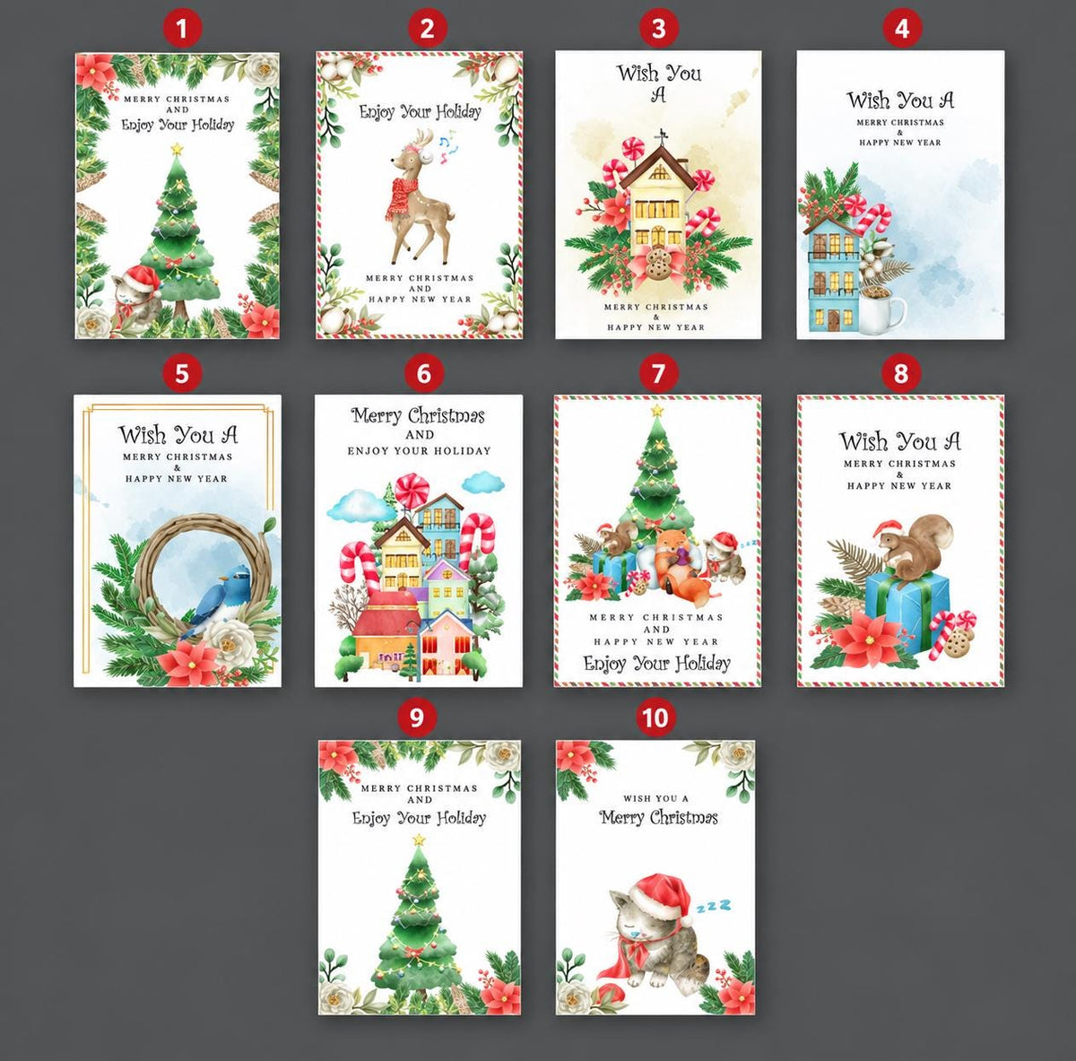 Watercolor Christmas Greeting Cards, Festive Holiday Designs (5"x7")