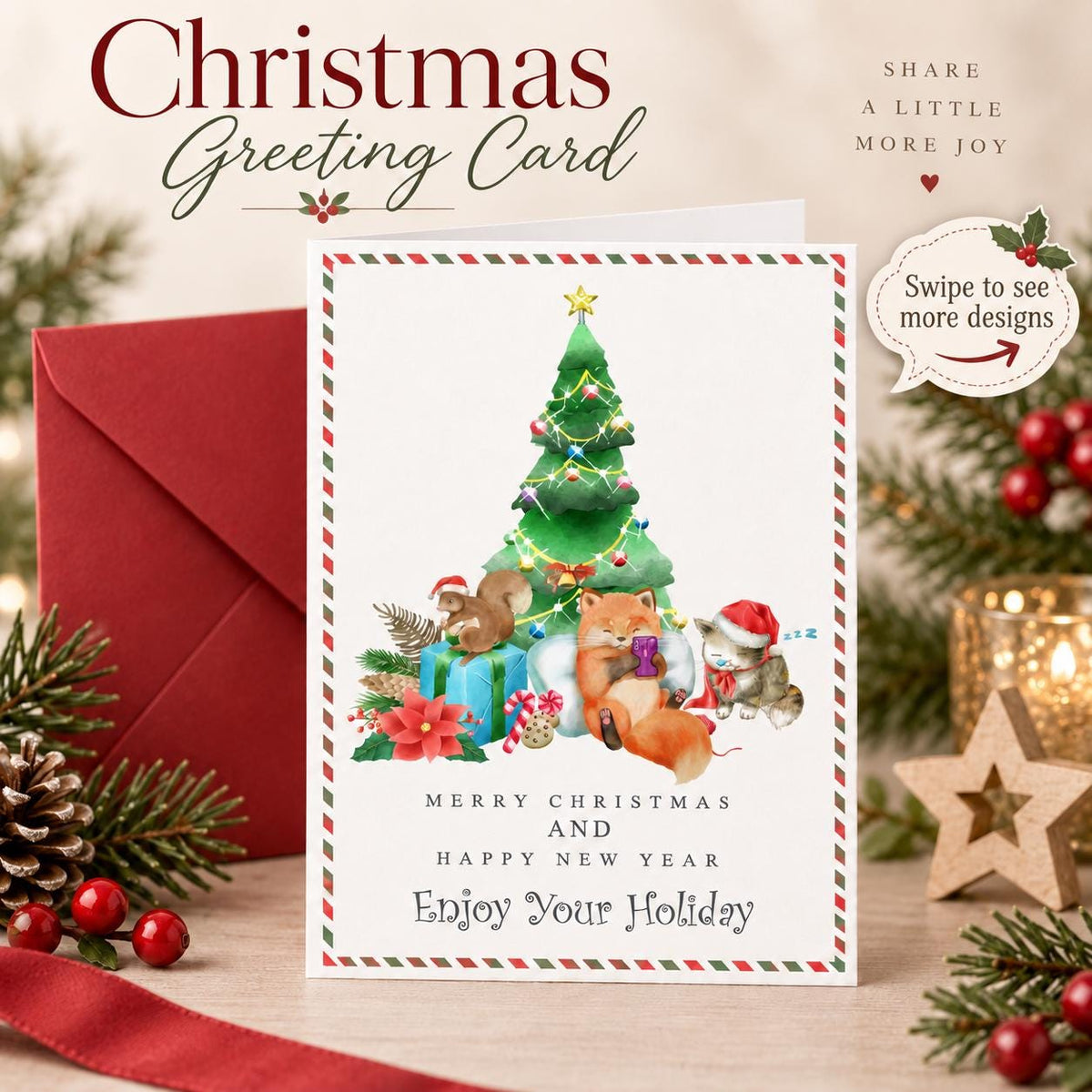Watercolor Christmas Greeting Cards, Festive Holiday Designs (5"x7")