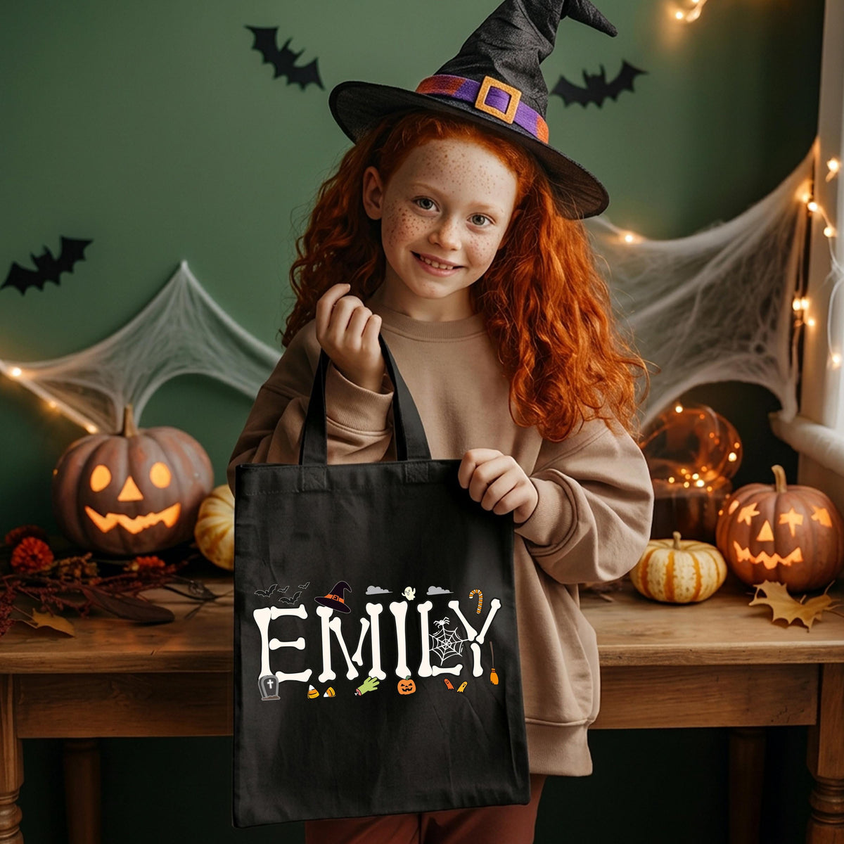 Custom Name Halloween Tote Bag, Spooky Kids Tote Bag, Trick or Treat Matching Totes