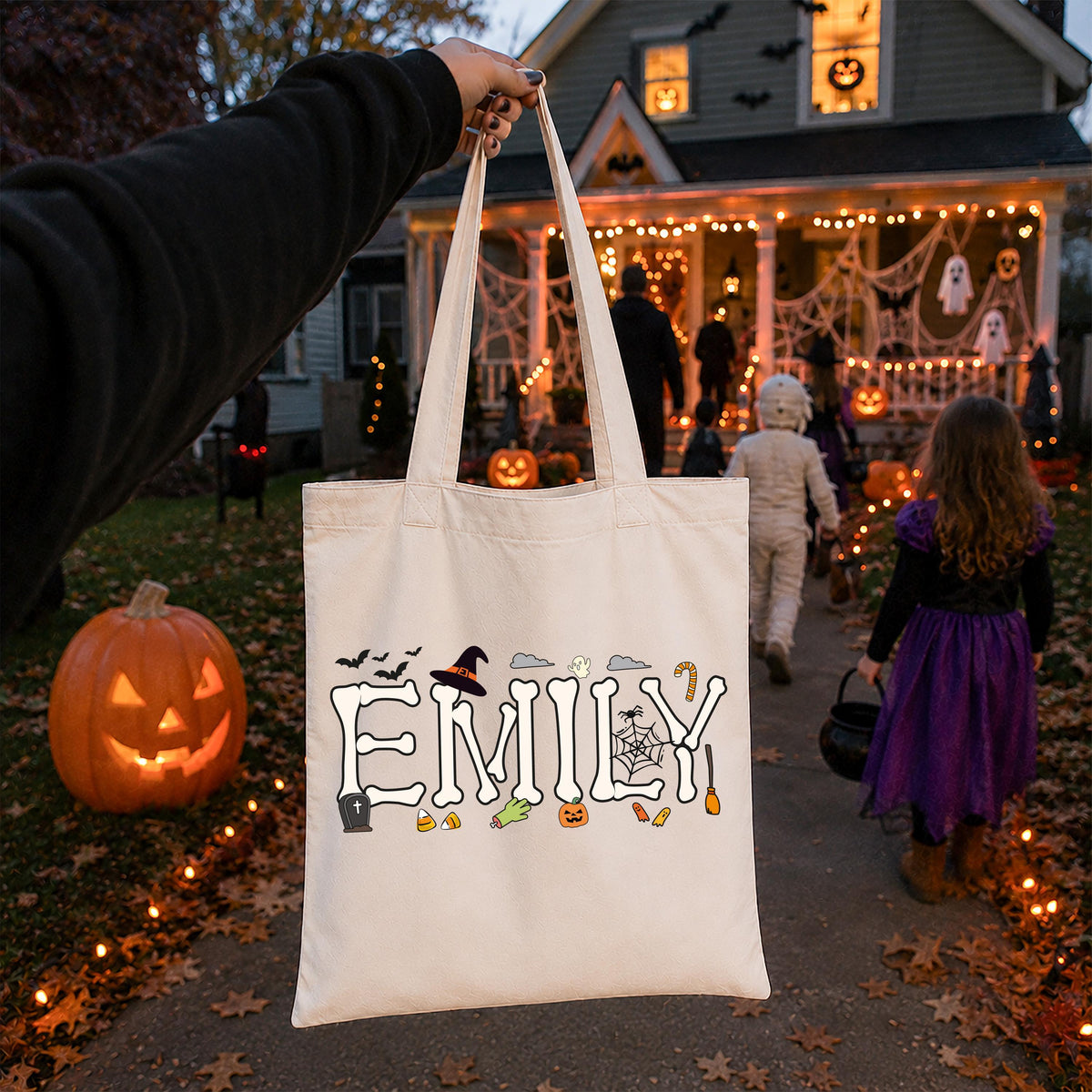Custom Name Halloween Tote Bag, Spooky Kids Tote Bag, Trick or Treat Matching Totes