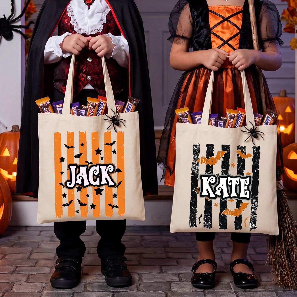 Personalized Halloween Tote Bag, Spooky Season Kids Gift Bag, Trick or Treat Matching Totes