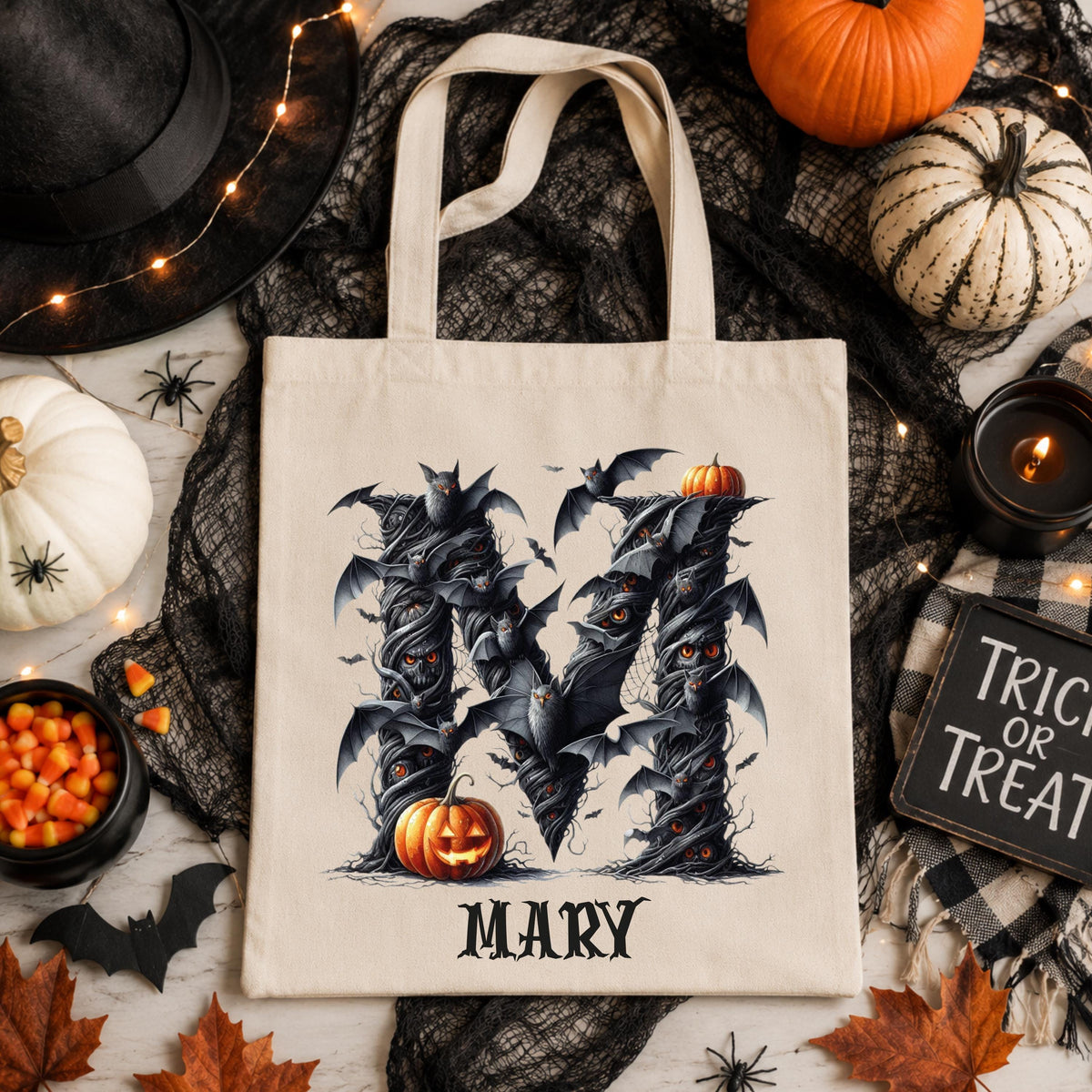 Custom Halloween Tote Bag, Spooky Season Monogram Kids Bag, Trick or Treat Gift Tote