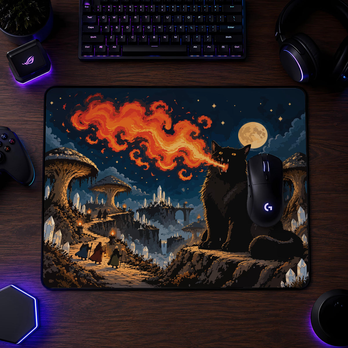 Fire Breathing Black Cat Gaming Mouse Pad, Halloween Desk Mat (3mm Thick)